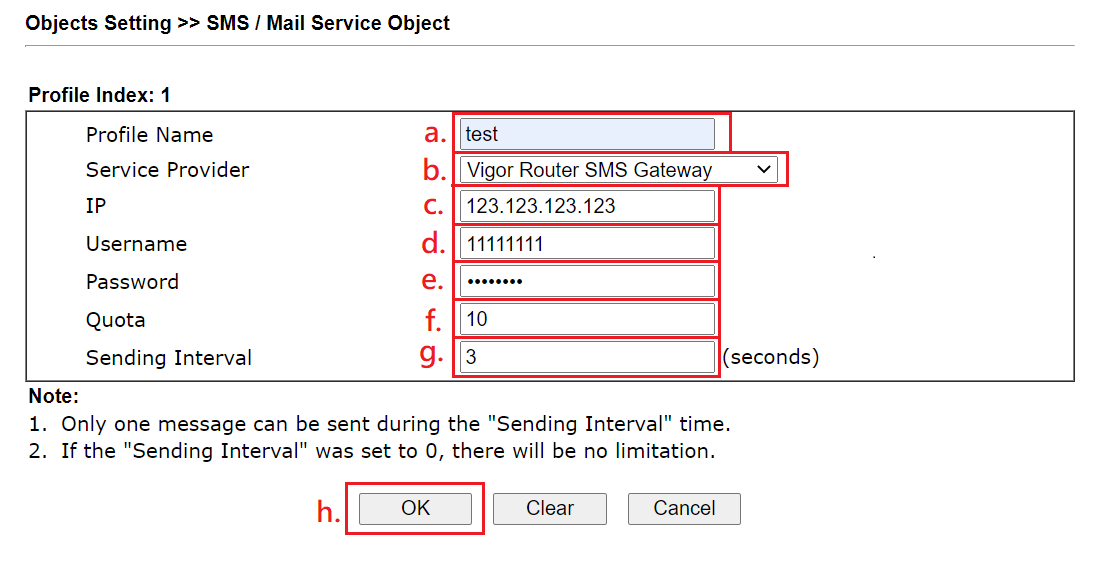 a screenshot of SMS/Mail Service Object